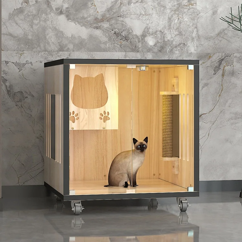 Luxury Large Space Cat Villa Solid Wood Structure with Door LED Light Breathable Multifunctional Indoor Pet House