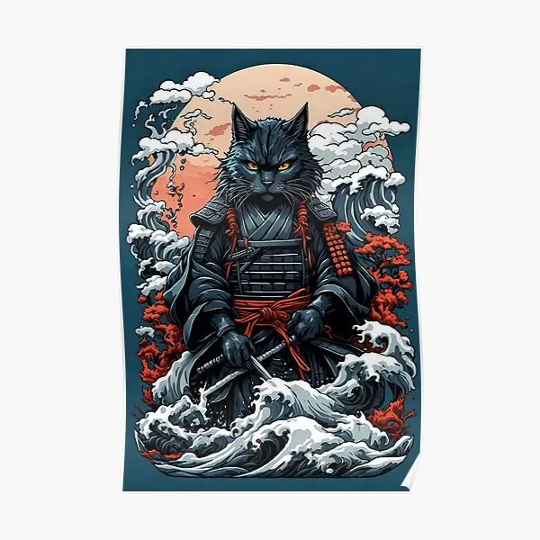 Samurai Black Cat Holding A Katana Japan  Poster Home Funny Art Picture Print Mural Vintage Modern Painting Room Decor No Frame