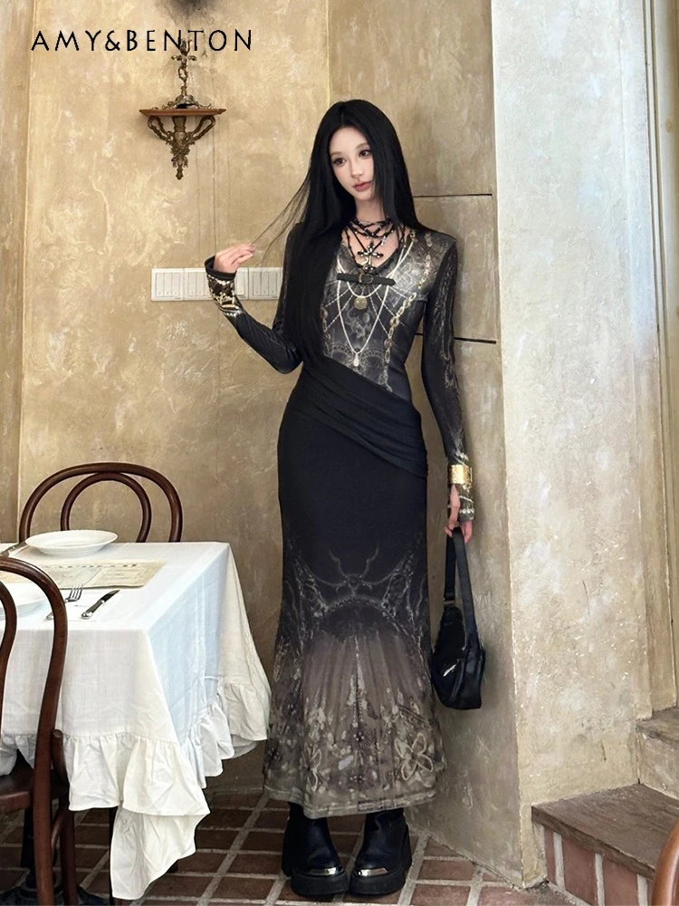 

Spring and Autumn Women's Black and Gold V-Neck High Elastic Slim Fit Patchwork Waist-Cinching Printed Long Sleeve Bodycon Dress