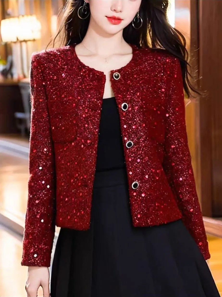 Red Carpet Event Ready Women's Short Sequin Jacket Heavy Embellishment Wine Red Color Perfect for Autumn Gatherings And Parties