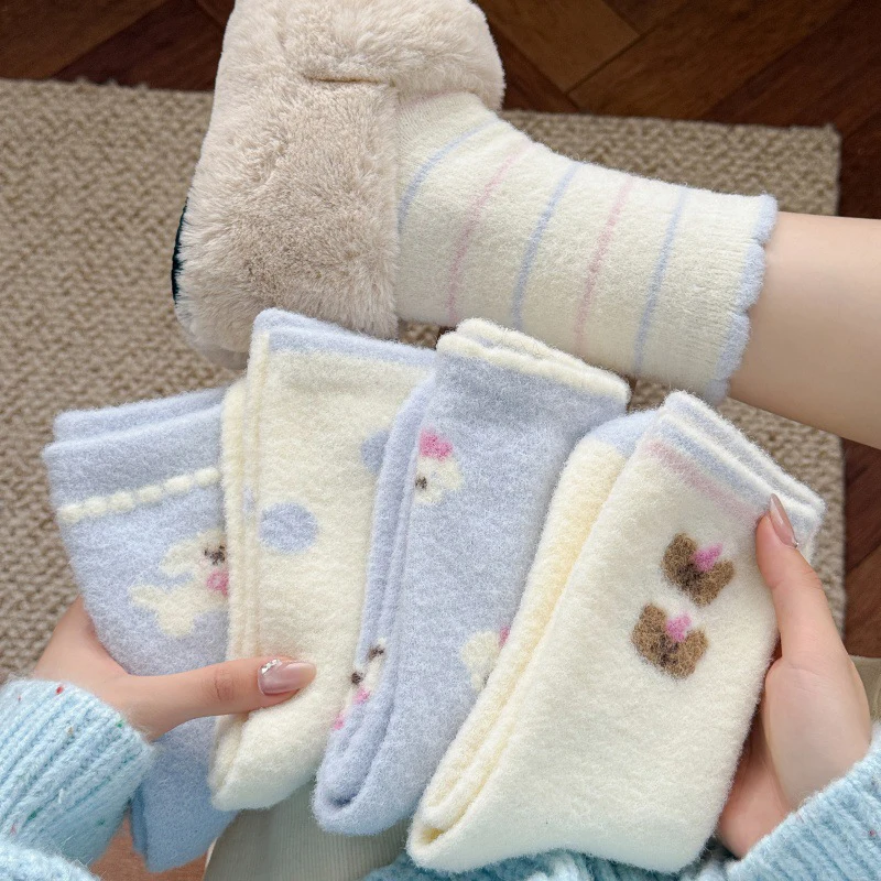 1/5 Pairs Blue Warm Cartoon Women Socks Cute Autumn Winter Plush Floor Thick Sleep Socks Soft Skin Friendly Mid Tube Socks