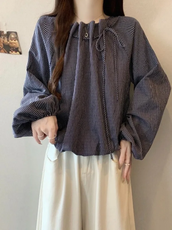 

Unique Beautiful Drawstring Stripe Long Sleeve Shirt Women Early Spring 2026 New plus Size Fat MM High-End Feeling Blouse Top