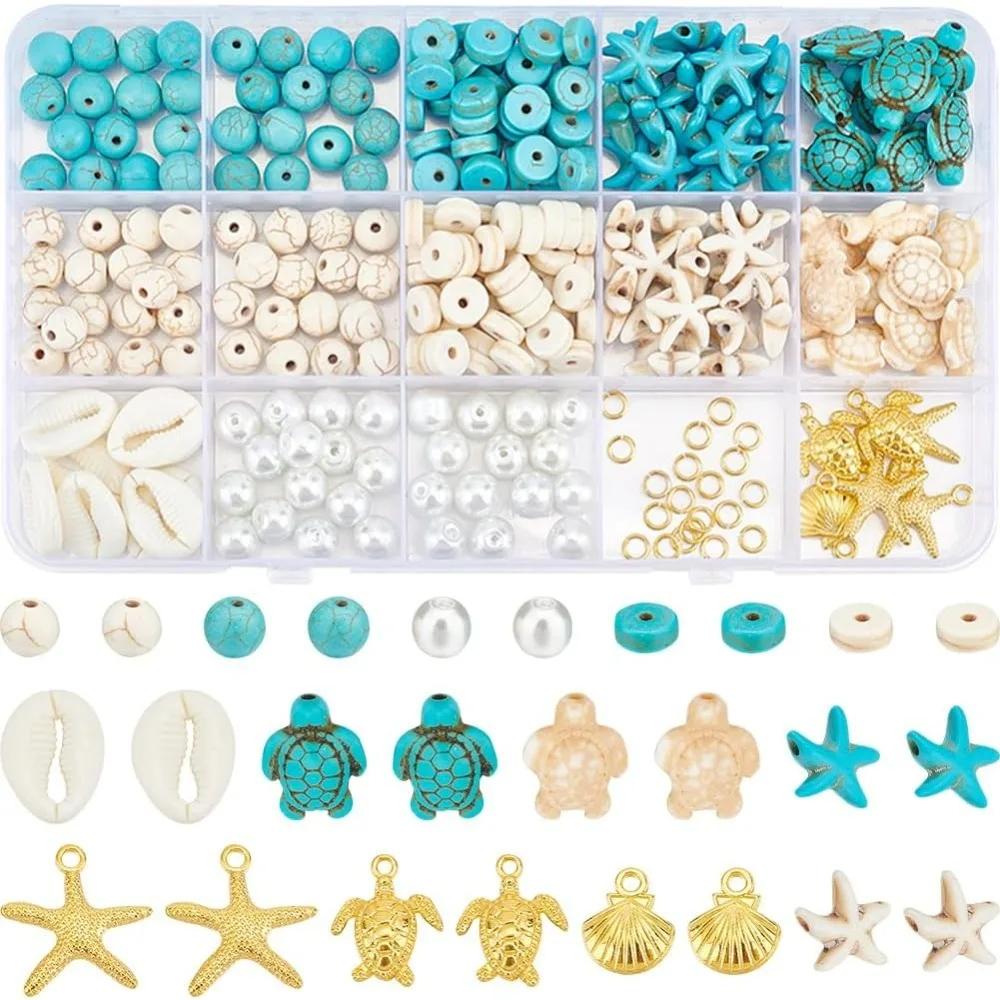 292Pcs Sea Turtle Beads Seashell Starfish Beads Lucky Turquoise Ocean Summer Hawaii Sea Animal Shell making kit