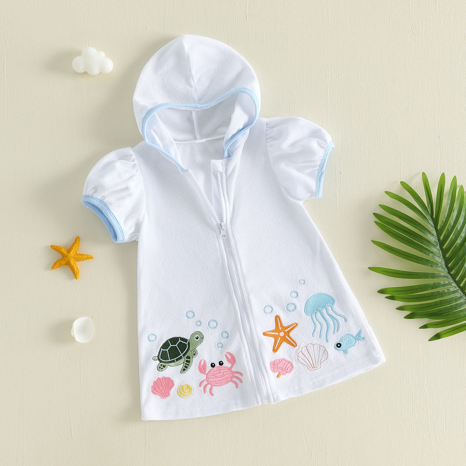 1-6Y Toddler Girl Beach Cover Up Short Sleeve Hooded Terry Cloth Robe Crab Starfish Embroidery Zip Up Bath Wrap Swimwear