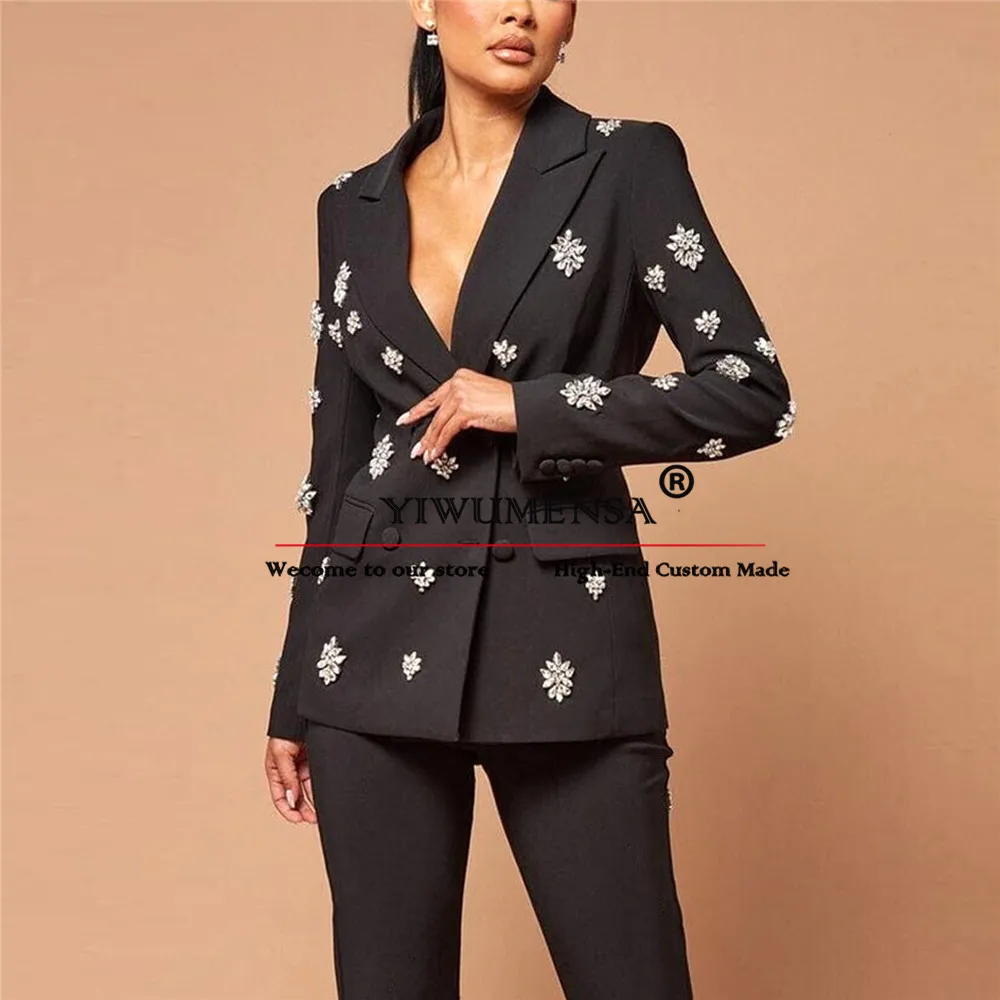 Crystals Women Suit Set Plus Size 2 Piece Jacket Pants Wedding Tuxedo Party Prom Dress Tailored Double Breasted Blazer Sets