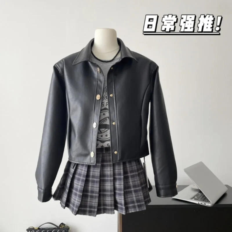 Streetwear Fashion Leather Short Coat Baggy Y2K Mujer Zipper Style American-style Sense Of Fashion Street Leather Coats