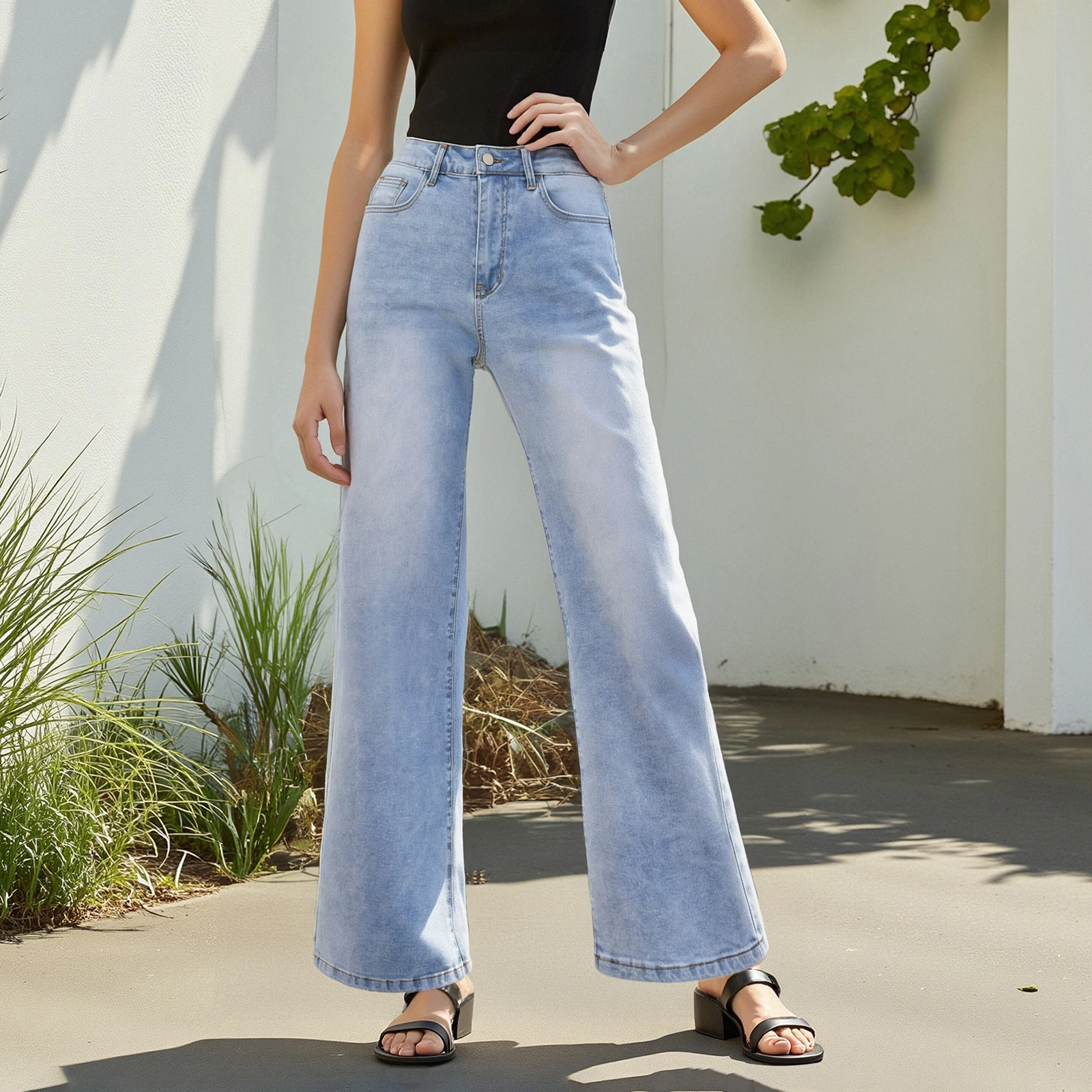 

Womens Straight Leg Jeans Loose High Rise Denim Pants Casual Solid Color Long Trousers for Outdoor Office Street