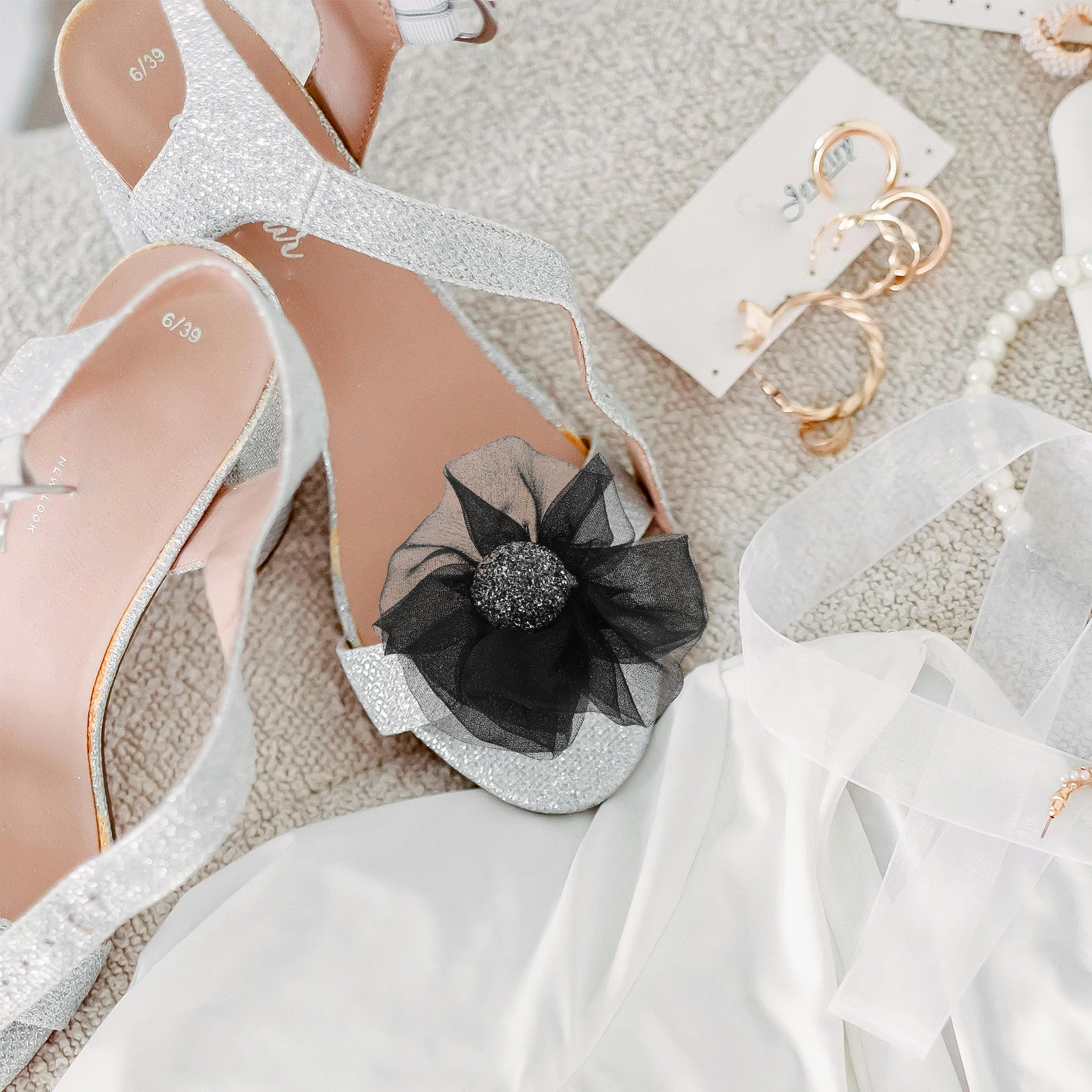 

2pcs Detachable Flower Clips Elegant High Heel Decorations Wedding Party Accessories Rhinestone Chiffon Shoe Charms Women'S