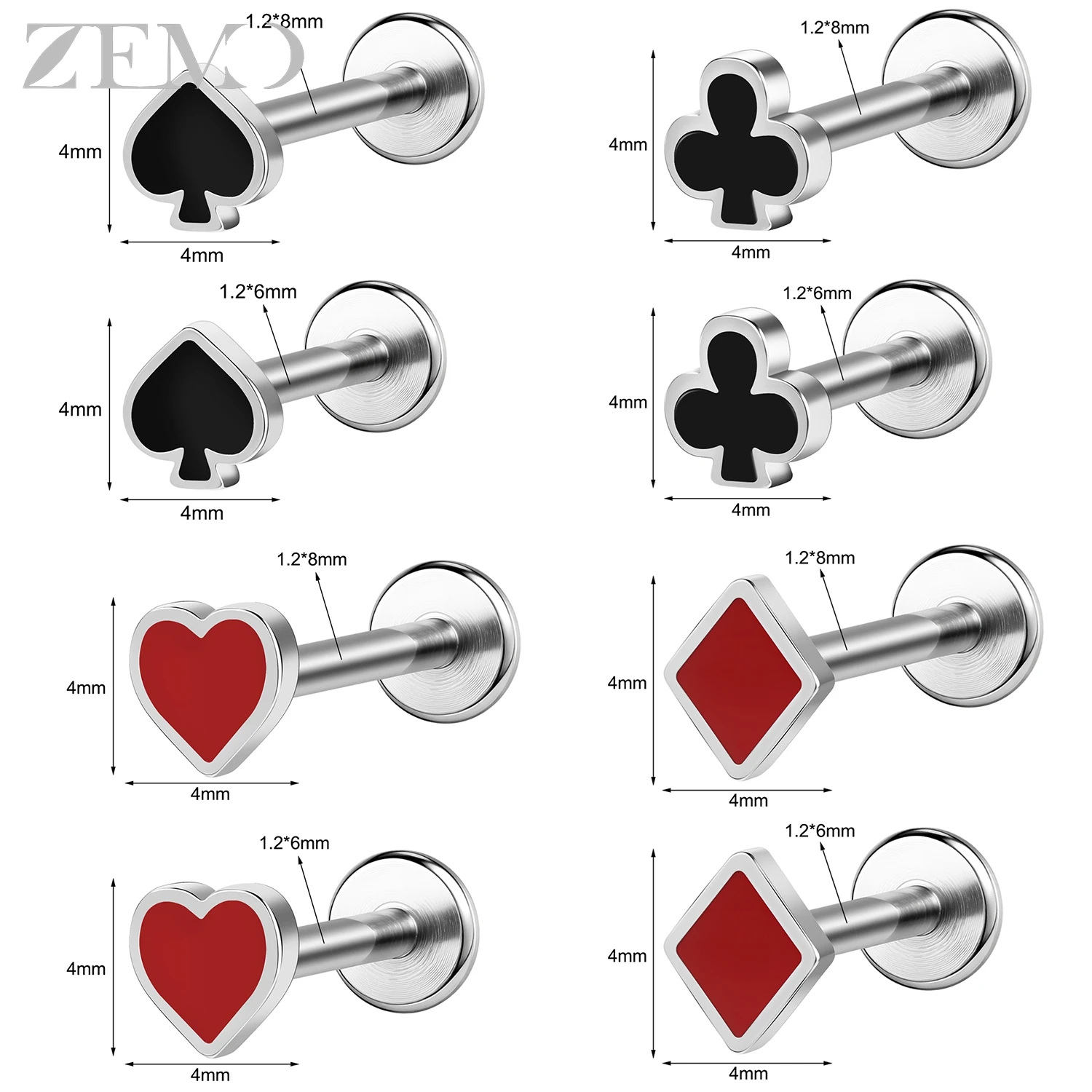 ZEMO 1 PC Internal Thread 16G Stainless Steel Lip Studs Unisex Labret Lip Piercings Playing Card Poker Ear Tragus Helix Piercing