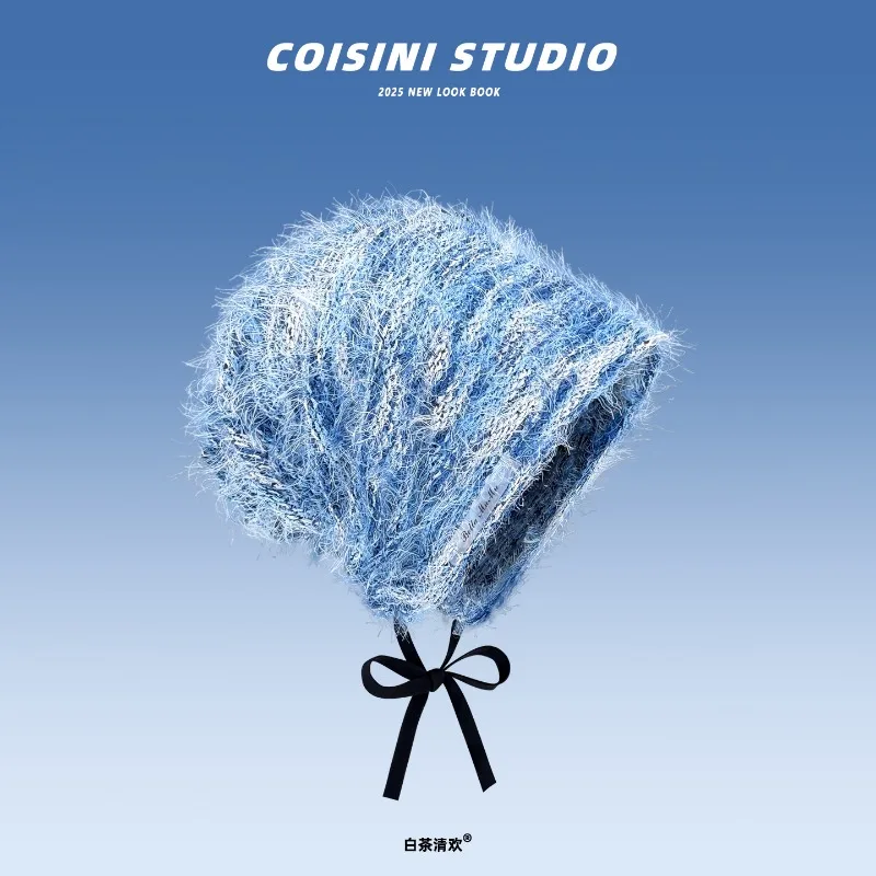 

Korean Color Striped Plush Pullover Knitted Hat Women's Autumn and Winter Warm Ear Protection Versatile Lace-up Skull Beanie Cap