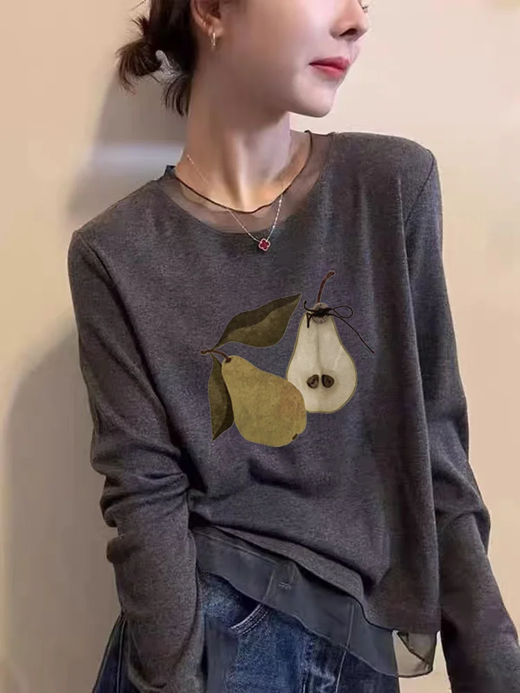 Fashionable Long Sleeve T-Shirt Women's Base Shirt Korean Style Lace Trim Slimming Top Commute Style Creative Pattern