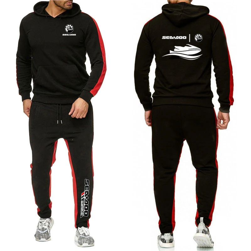 2025 Men New Sea Doo Seadoo Moto Print Solid Color Sports Cotton Set Spring Autumn Fashion Hooded Hoodies+Casual Sweatpants Suit