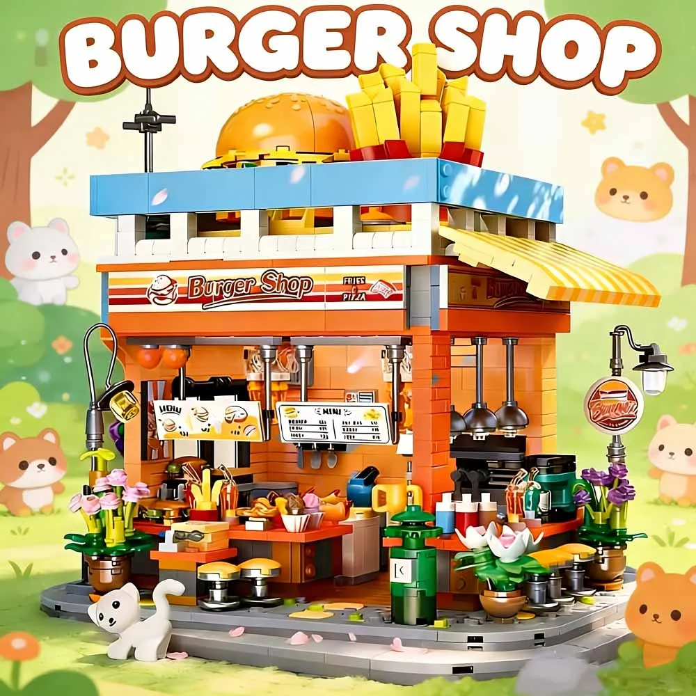 

Creative 1727pcs Street View Hamburger Shop Building Blocks Modular MOC Assembly Sets Desktop Decoration Model Ideas Toys Gifts