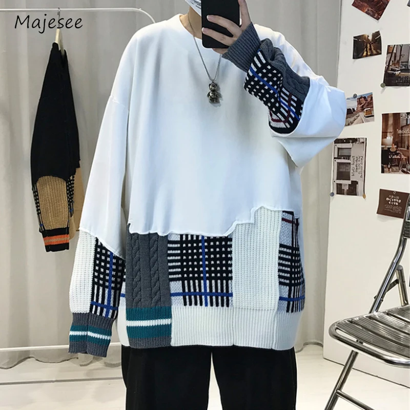 

Patchwork Sweatshirts Men Temperament Couple Slouchy Spring Autumn Panelled O-neck Knitting Korean Style Teenagers Hipster Soft