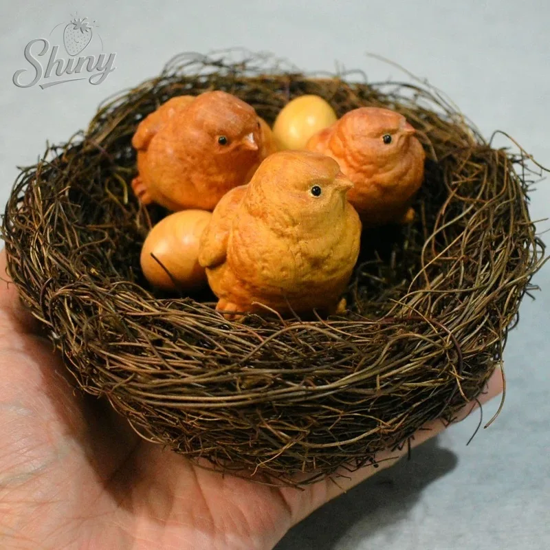 

Cliff Cypress Wood Carving Chick Family with Chicken Nest Ornaments Great Luck Creative Bird Nest Home Furnishings