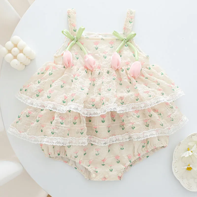 2026 Baby Girl Summer Princess Strap Bodysuit 0-2Y 3D Flower Thin Breathable Lace Tutu Infant Romper Newborn 100 Days Outfit