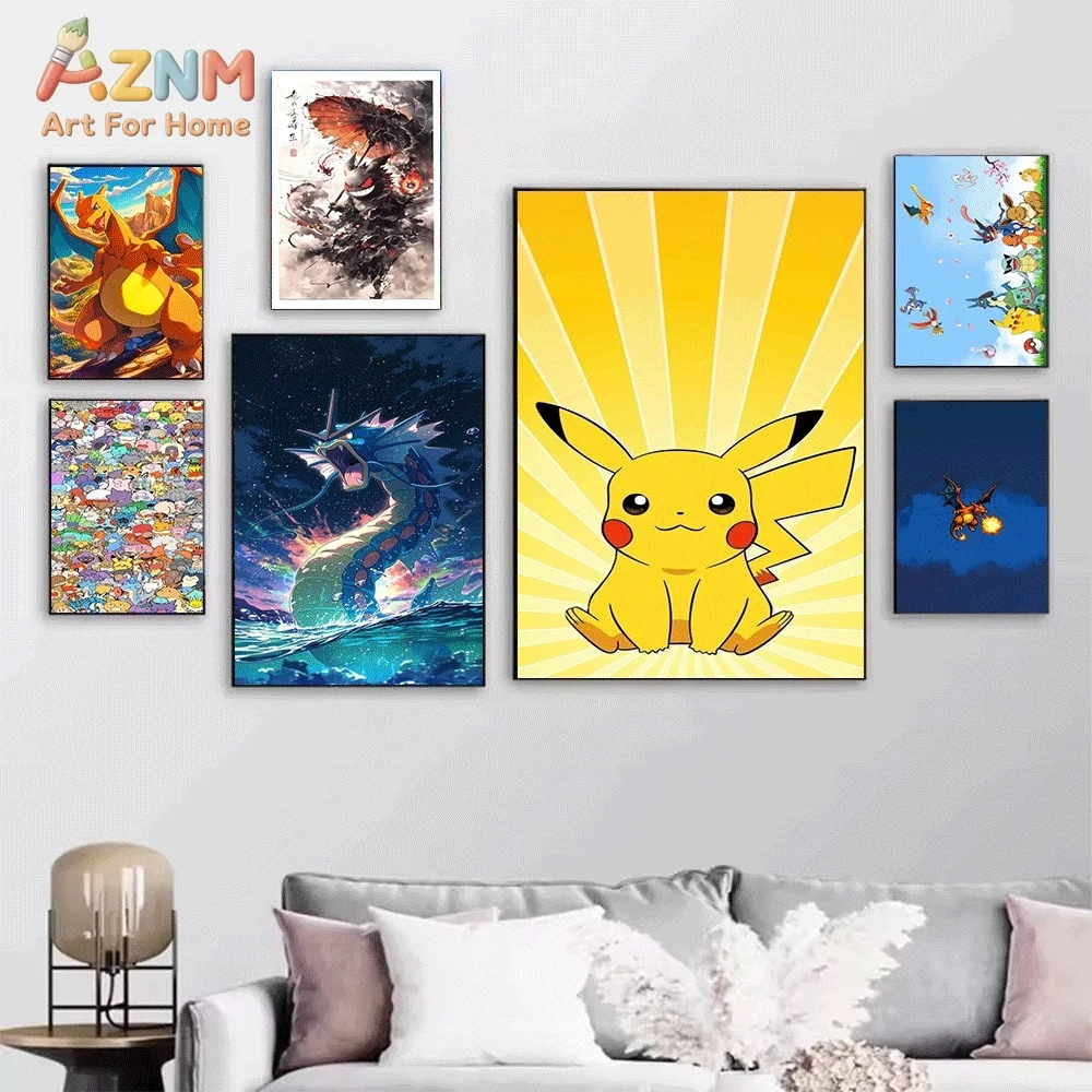 AZNM Pokemon Starter Cartoon Characters Color Splash Art Canvas Wall Print, Popular Game Anime Poster, Unframed Canvas Paintin
