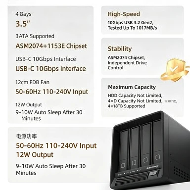4‑Bay External Hard Drive Enclosure, 10Gbps High‑Speed Storage Dock for 3.5‑Inch SATA Hard Drives Data Expansion Housing