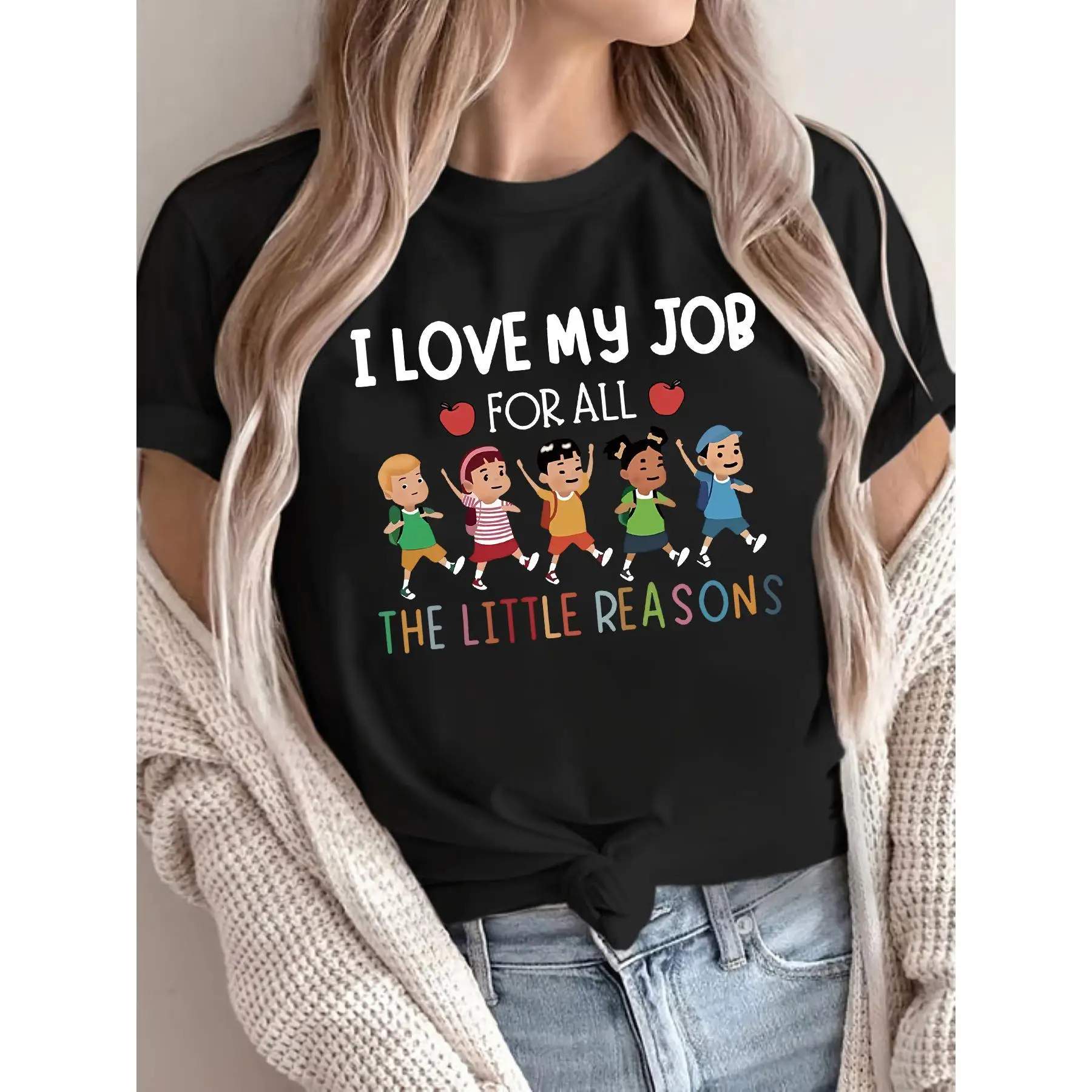 

Women's Teacher Appreciation T-Shirt | "I Love My Job Little Reasons" Graphic Tee | Preschool Educator Daycare Gift Top