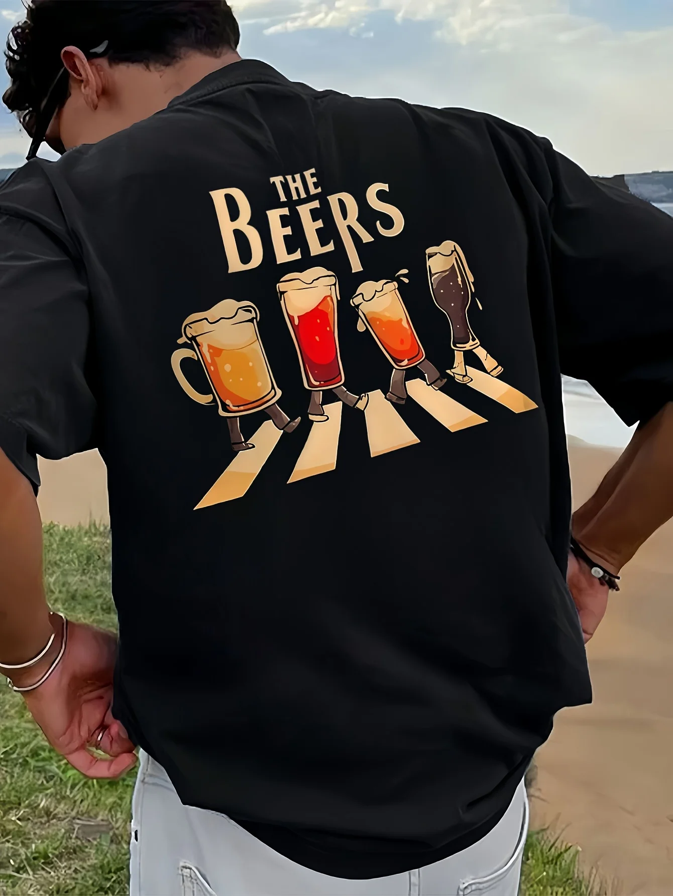 Humorous Beer Crossing Road Print on 100 Cotton Mens T Shirt Ideal for Summer Casual Outings and Parties