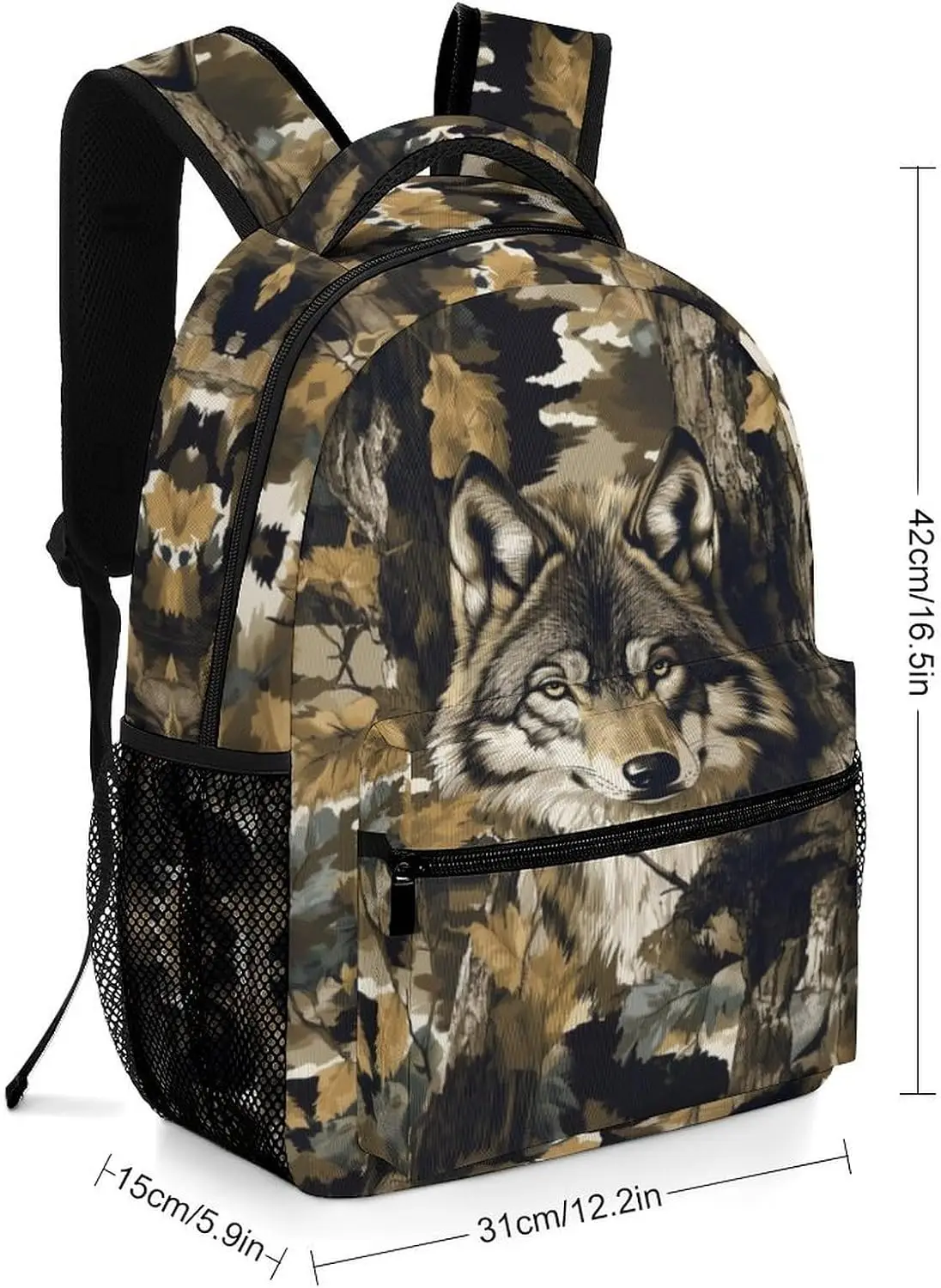 Forest Wolf Backpack for Boys Girls, Camouflage Wolf Backpack Students Bookbag Daypack for School Travel Camping