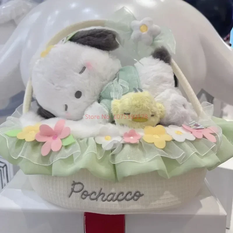 

Sanrios Hellokittys Pochacco Cinnamoroll Plushie Doll Crouching Posture Flower Basket Series Plush Appease Toys Gift