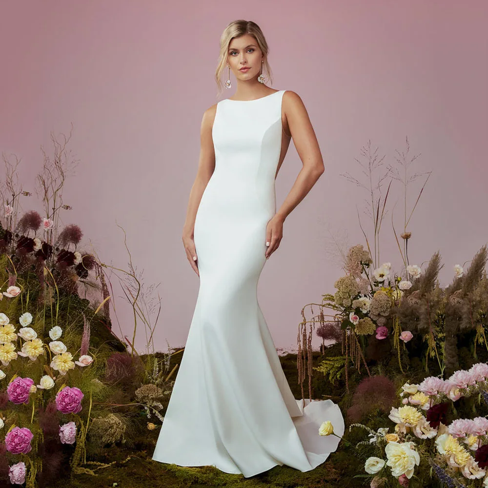 

Simple Crepe Mermaid Wedding Dresses Backless Button Bridal Dress 2026 Romantic Minimalist Bride Gown Customized