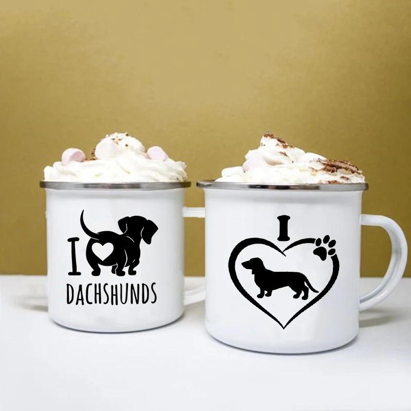 I Love Dachshunds Print Mugs Creative Coffee Cocoa Cup Drinks Dessert Breakfast Milk Cup Enamel Mugs Handle Drinkware Best Gifts