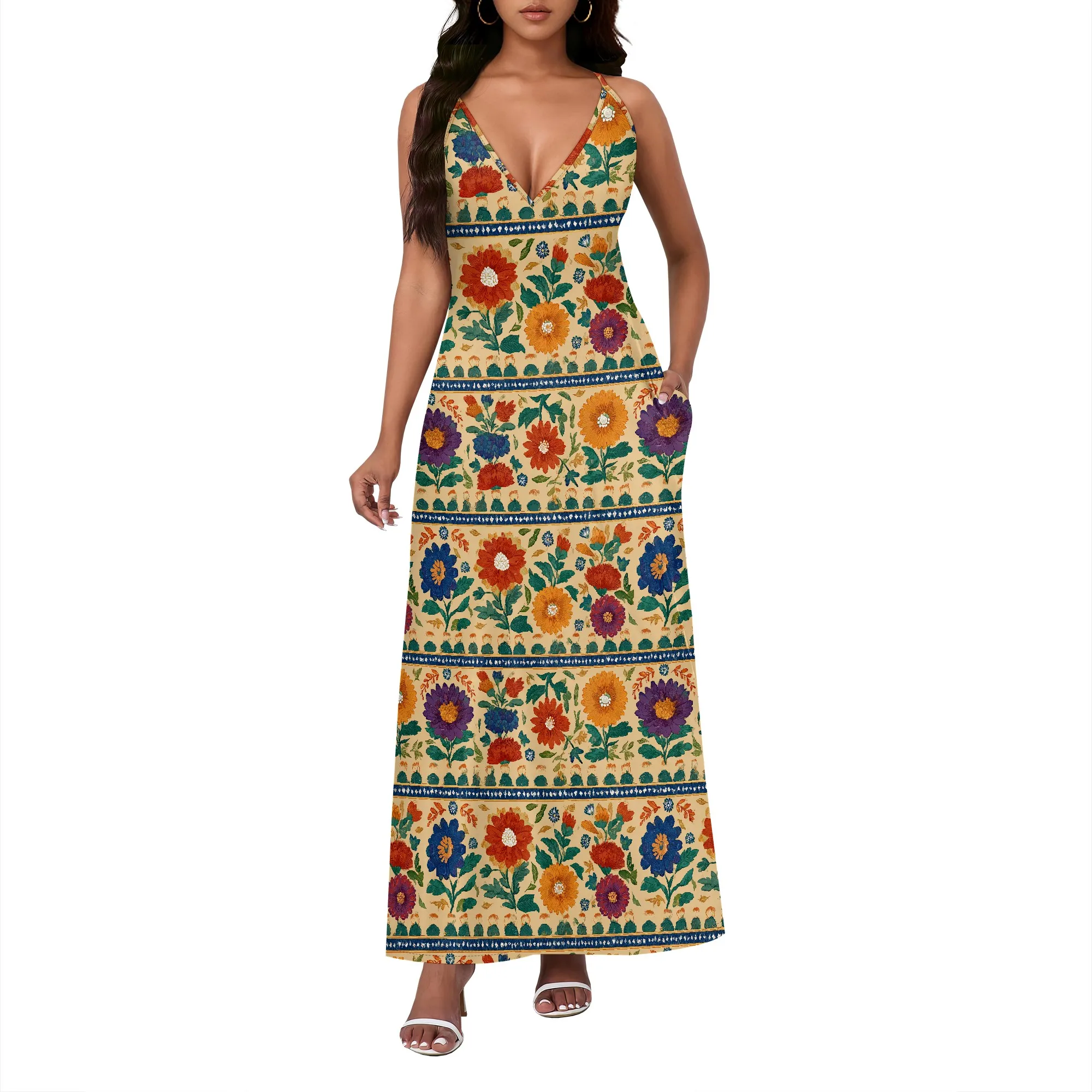 Boho Flowy Dresses 2025 เสื้อกล้ามแขนกุดชุดยาว Graffiti สีสัน Cami ชุด Y2k ดอกไม้ Morana Maxi ชุด