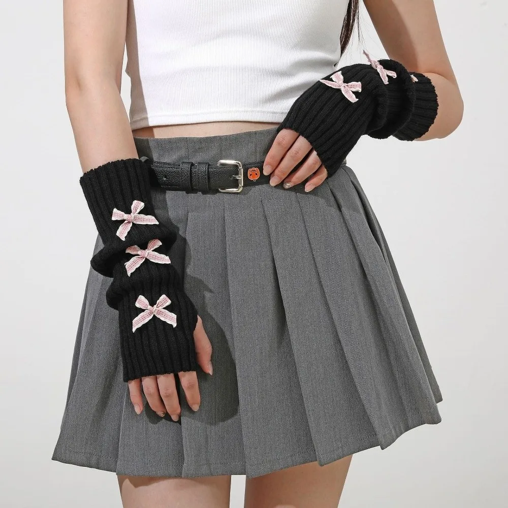Fashion Thicken Bow Arm Warmers Long Knit Soft Knitted Y2K Fingerless Gloves Bowknot Sweet Sleeve Cover Female