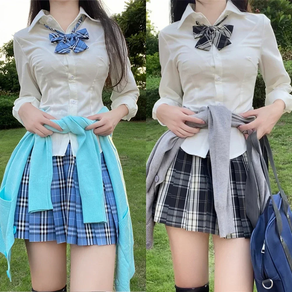 Japanse Schooluniform Meisje Jk Shirt 3Pc Set Verschillende Stijlen Lange & Korte Mouw Geruite Plooirok Met Strik Afstuderen kostuums