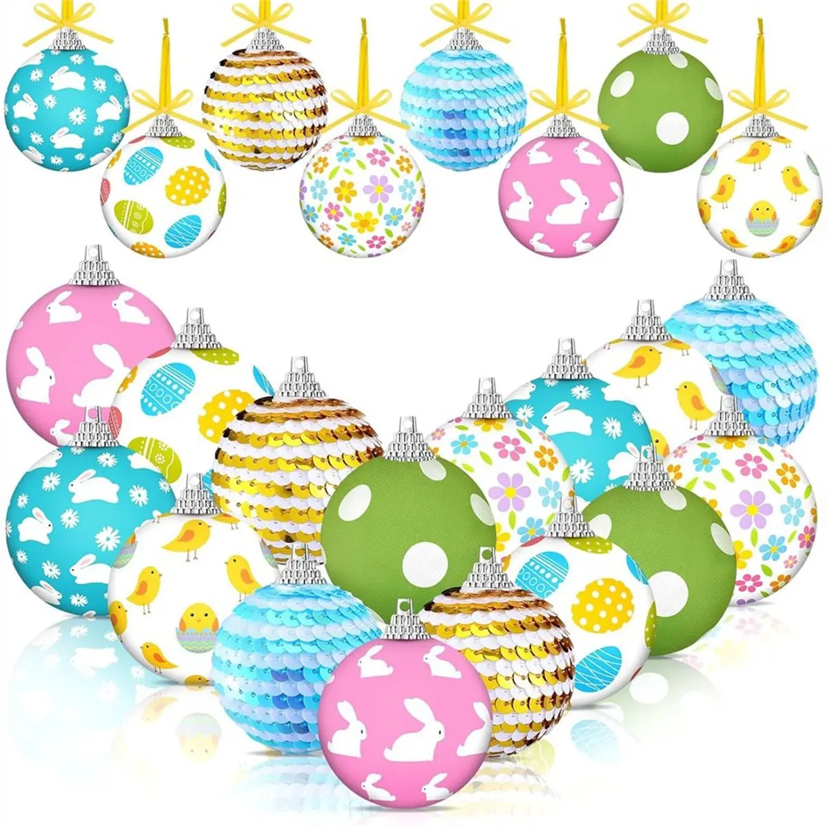 【New User-Coupon!】16 Pcs Easter Tree Decorations 1.97 Inch Bunny Rabbits Egg Chick Daisy Flower Spring Hanging Ornaments