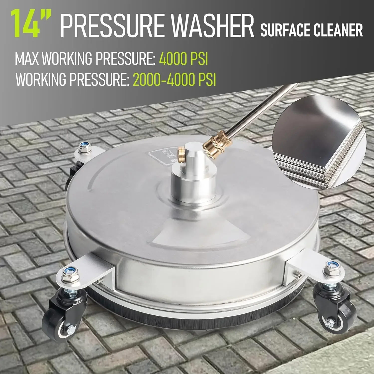 

14" Pressure Washer Surface Cleaner with 4 Wheels, Pathway 1/4" Quick Connector, 2 Extension Wand, 4000 PSI