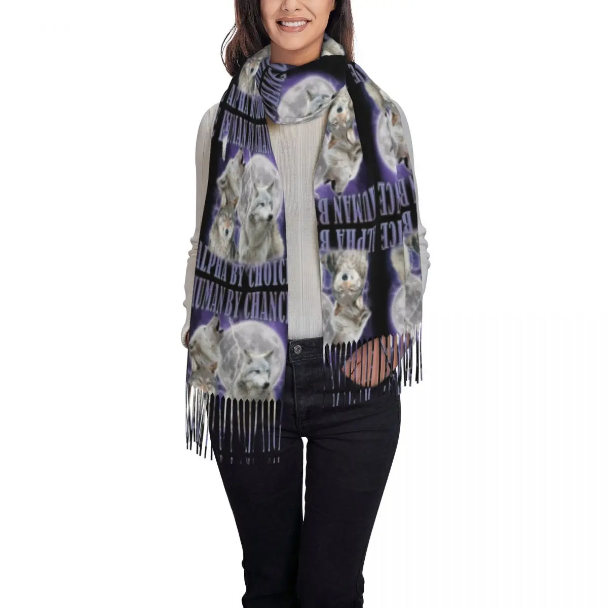 Human By Chance Alpha By Choice Wolf Meme Scarf Tassel Scarves for Women Soft Warm Shawls and Wraps Long Fall Winter Shawl Wrap