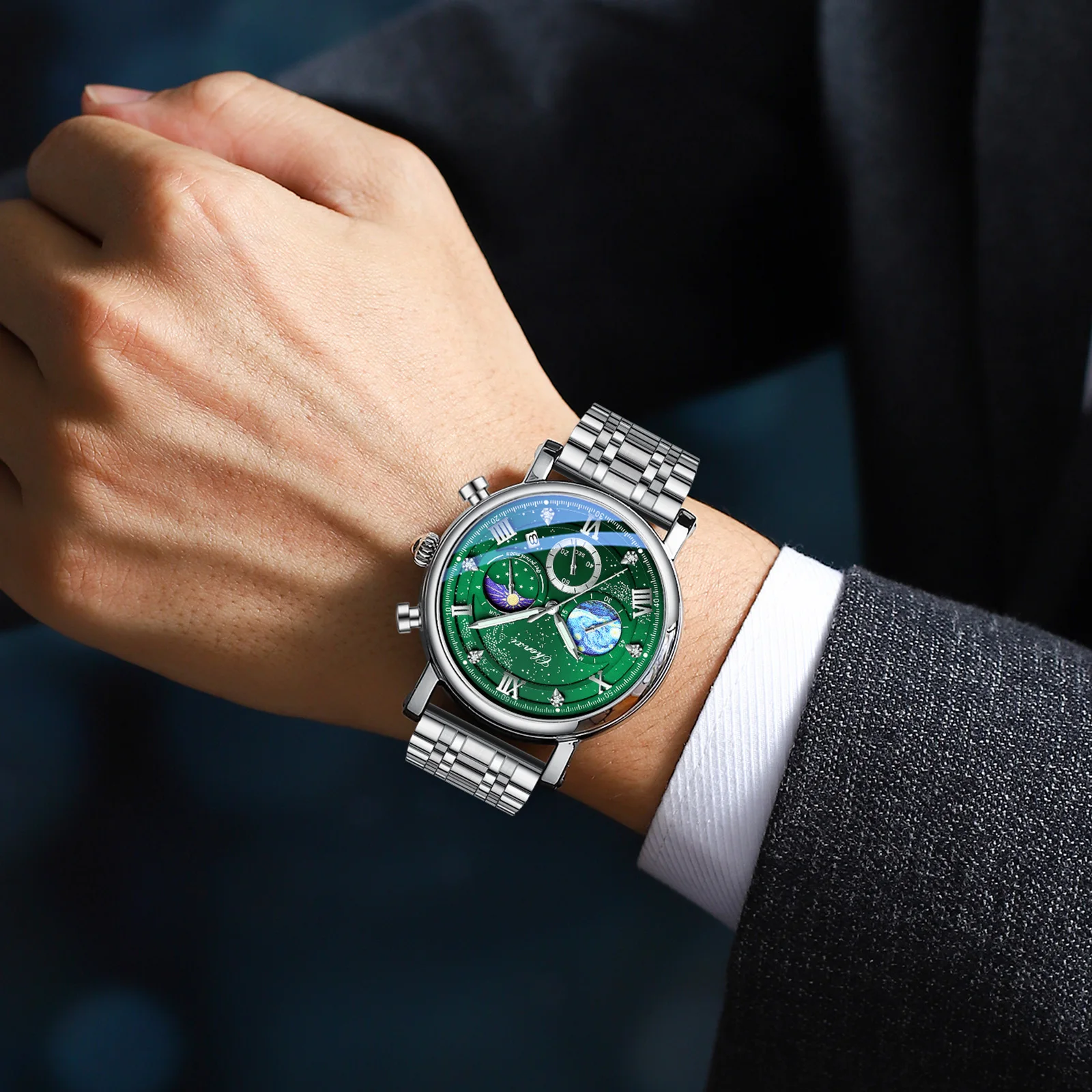 CHENXI NEW Man Watch متعددة الوظائف كرونوغراف القمر المرحلة تاريخ ساعات كوارتز للرجال السماء الهاتفي الفولاذ المقاوم للصدأ ساعة اليد