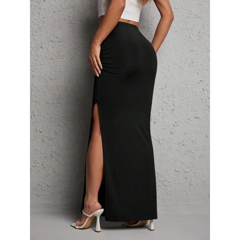 -Border European and American Simple Commute Skirt 2024 Summer Elegance All-Match Slimming Slit Sheath Dress