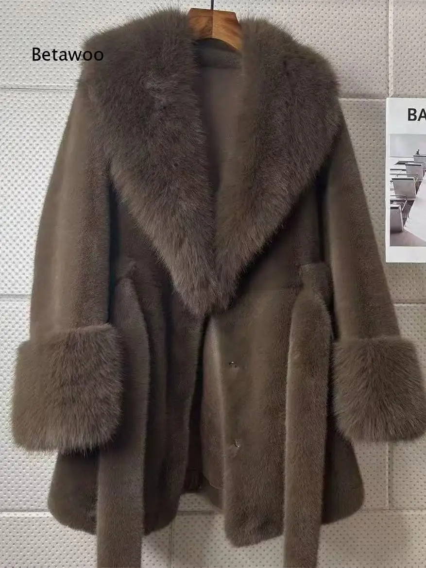 Womens Autumn Winter Faux Fur Outerwear Wide Collar Furry Cuffs Belted Mid Length Coat For Street Style And Formal Events
