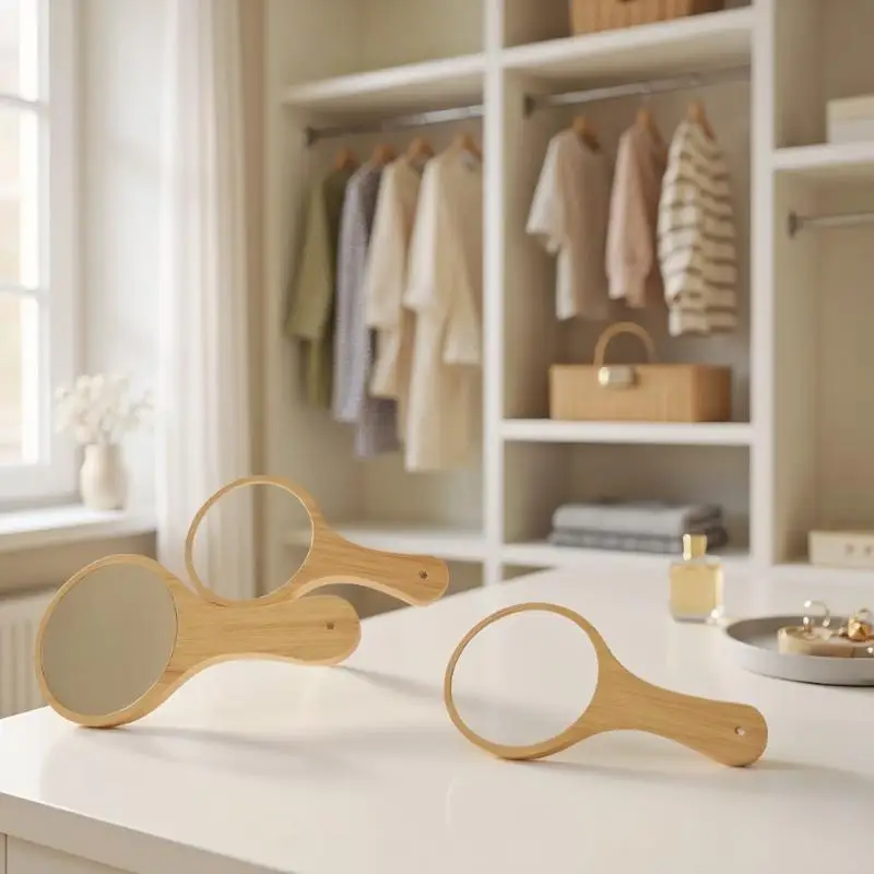 （Summer6）Portable Bamboo Makeup Mirror Handmade Handle Round Cosmetic Mirror With Handle Personal Vanity Handheld Mirror