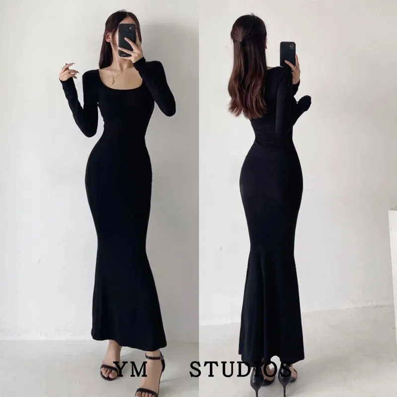 فستان طويل بخصر مرتفع وأكمام طويلة وياقة دائرية منخفضة بلون واحد وقماش مطاطي بتصميم ذيل السمكة، تنورة طويلة نسائية، طراز الشا...