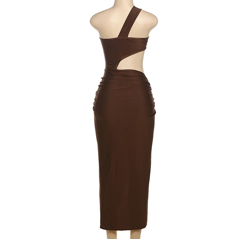 Bangniweigou Slant ไหล่เดี่ยวไม่สมมาตร cutout High Slit Elegant Dress เอว Bare Evening PROM Robe สีดําสีน้ําตาล