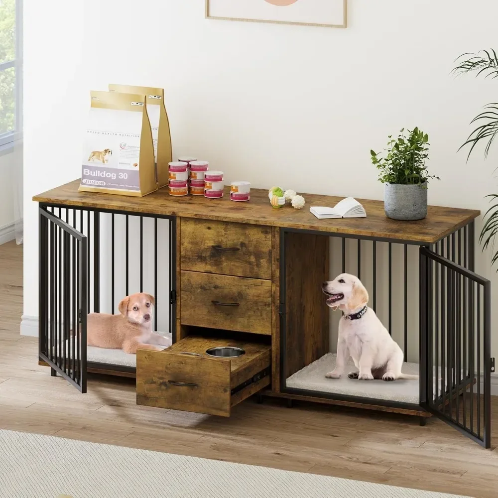 

74" Dog Crate Furniture with 2 Feeder Bowls, Wooden Dog Kennel TV Stand with Room Divider for 2 Large Medium Small Dogs