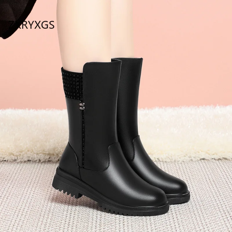 ZXRYXGS Winter Large Size Boots 2025 New Genuine Leather Rhinestone in-tube Fashionbale Boots Women Warm Inisde Plush Wool Boots