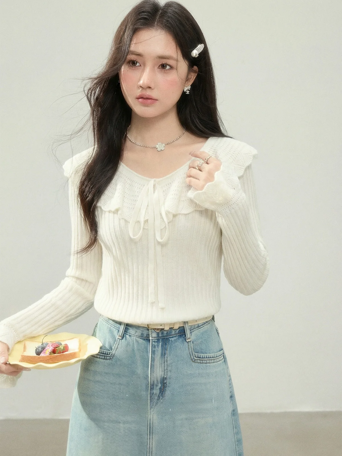 

Elegant Long Sleeve Knitwear Women's Fashion Spring 2026 Peach Color Versatile Design Casual Comfortable Breathable Top