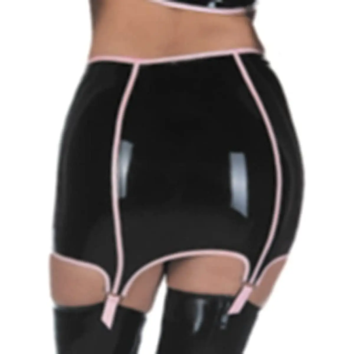 กระโปรงยางลาเท็กซ์สีดำและสีชมพูพร้อมสายรัดสำหรับถุงน่อง
