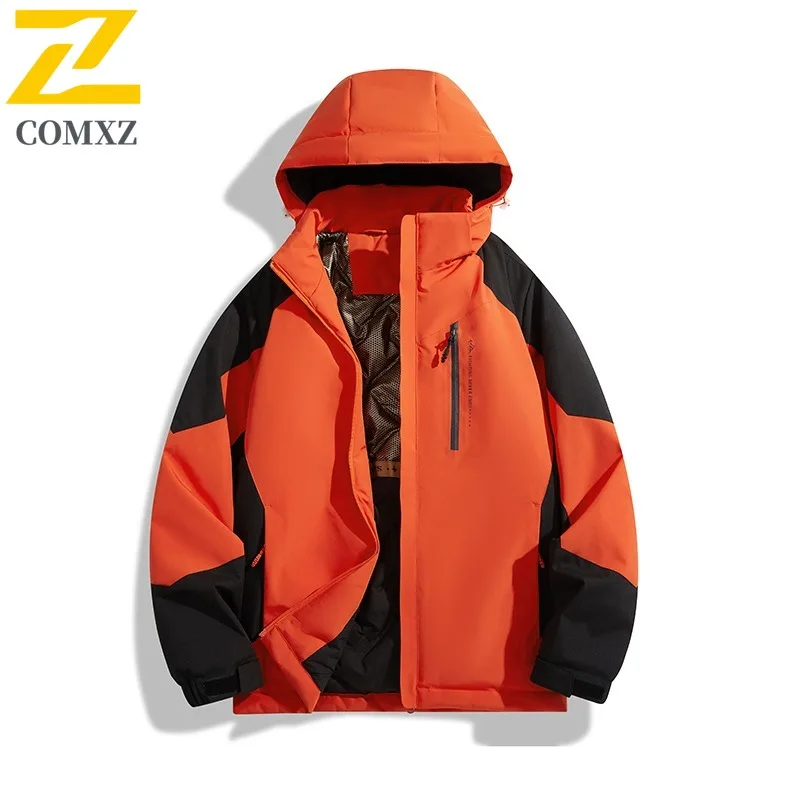 COMXZ 2025 Winter Graphene Stand Collar Cotton Jacket Hooded Waterproof Windproof Outdoor Sports Casual Warm Coat Men Streetwear