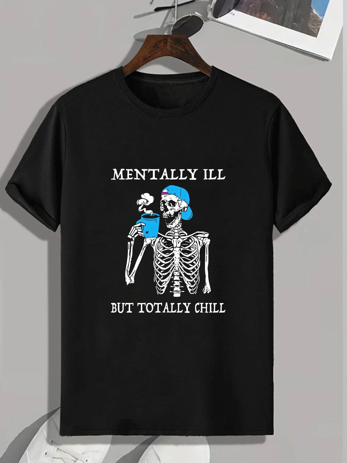 

MENTALLY ILL BUT TOTALLY CHILL креативный скелетный принт мужская повседневная футболка с круглым вырезом и короткими рукавами уличная футболка удобный топ