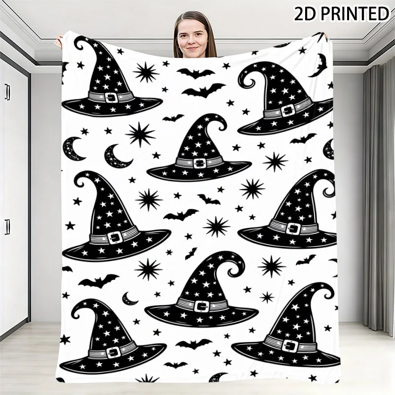 Black & White Halloween Themed Throw Blanket with Star Witch Hats, Bats, Crescent Moons & Starbursts Pattern, Multiple Specifica