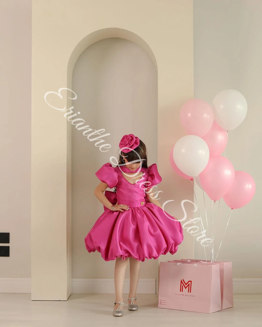 Rose Red Satin Flower Girl Dress for Wedding Short Sleeve with Bow Kids Birthday Party First Communion Ball Gowns Customized