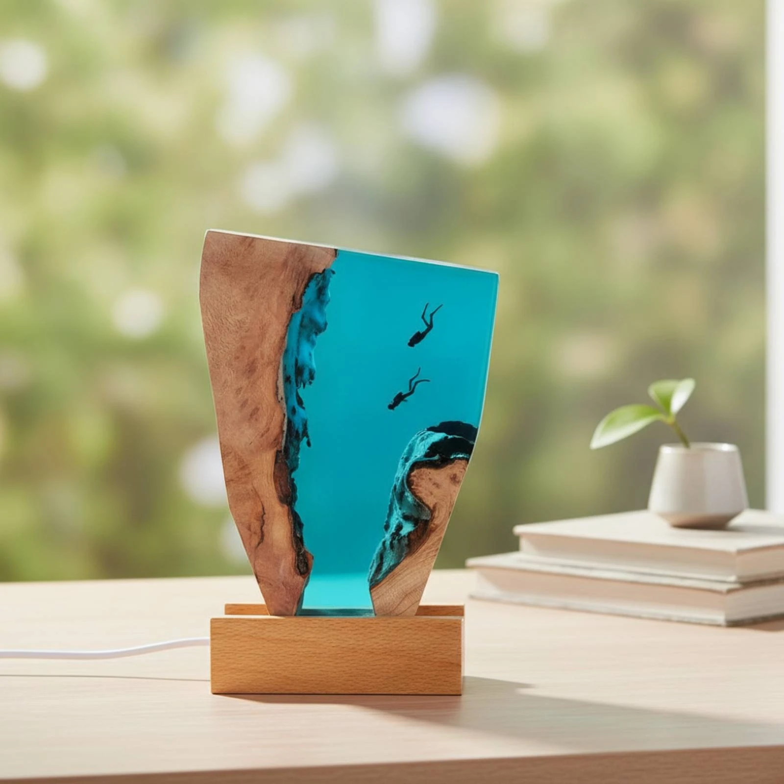 Epoxy Night Light with Wood Base Sculptural Epoxy Resin Night Light Resin Wood Lamp Aquatic Natural for Divers, Nightstand, Desk - view 4