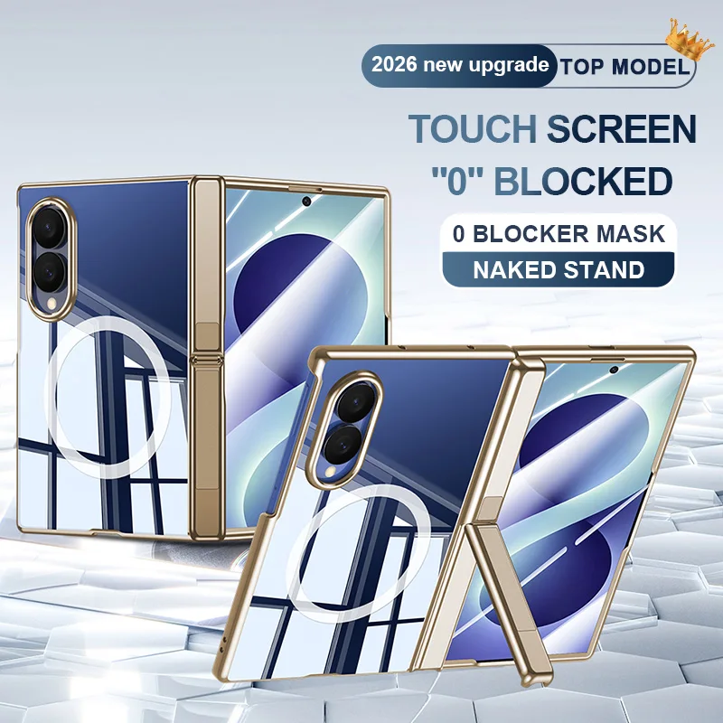 For Samsung Galaxy Z Fold 8 Wide Case Transparent Electroplate Hinge Holder Magnetic Wireless Charging Tempered Film Hard Cover